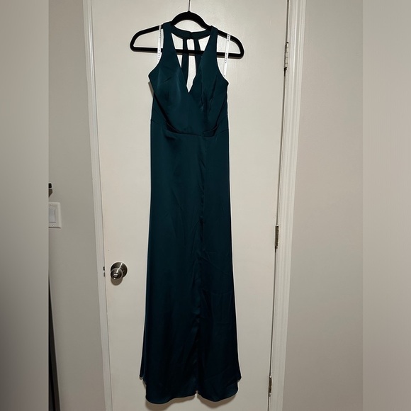 NWT! Azazie Ceria A-Line V-Neck Stretch Satin Floor Length- Pine,Size A10 - Picture 8 of 9